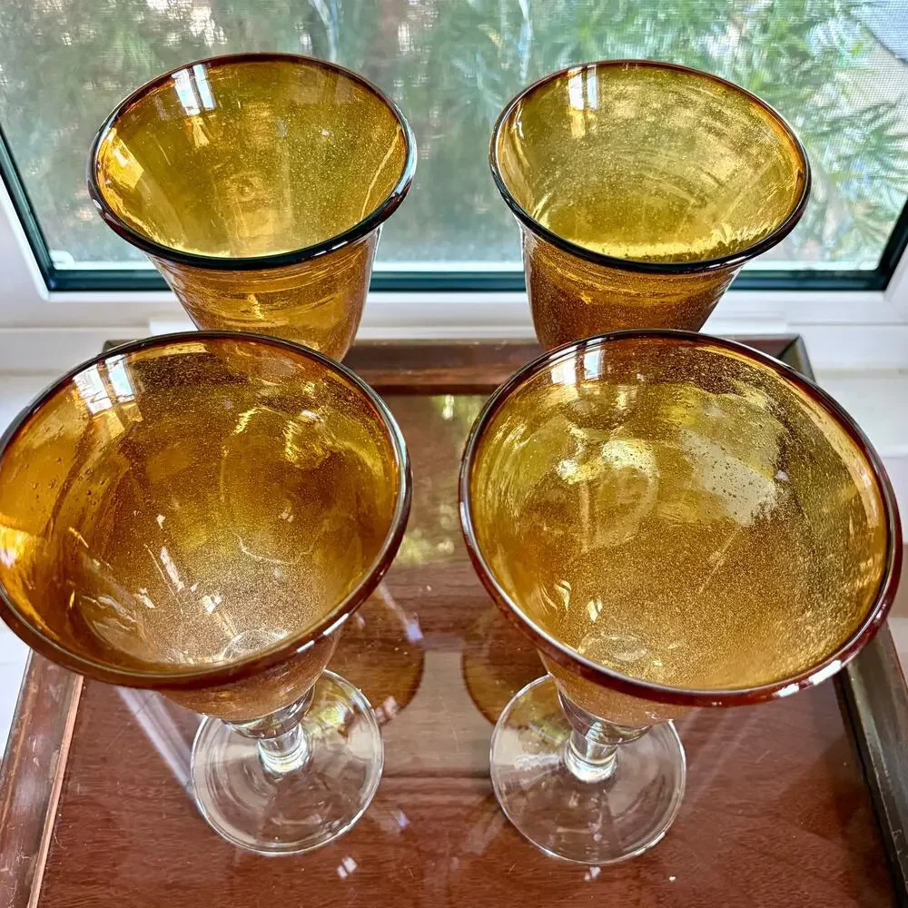 Set of 4 Artland Amber Bubble Glass Goblets 8.25” Tall Vintage Wine Glasses